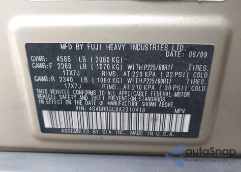 2010 Subaru Outback 2.5I Premium z USA, uszkodzony, nr VIN 4S4BRBGC8A3310418